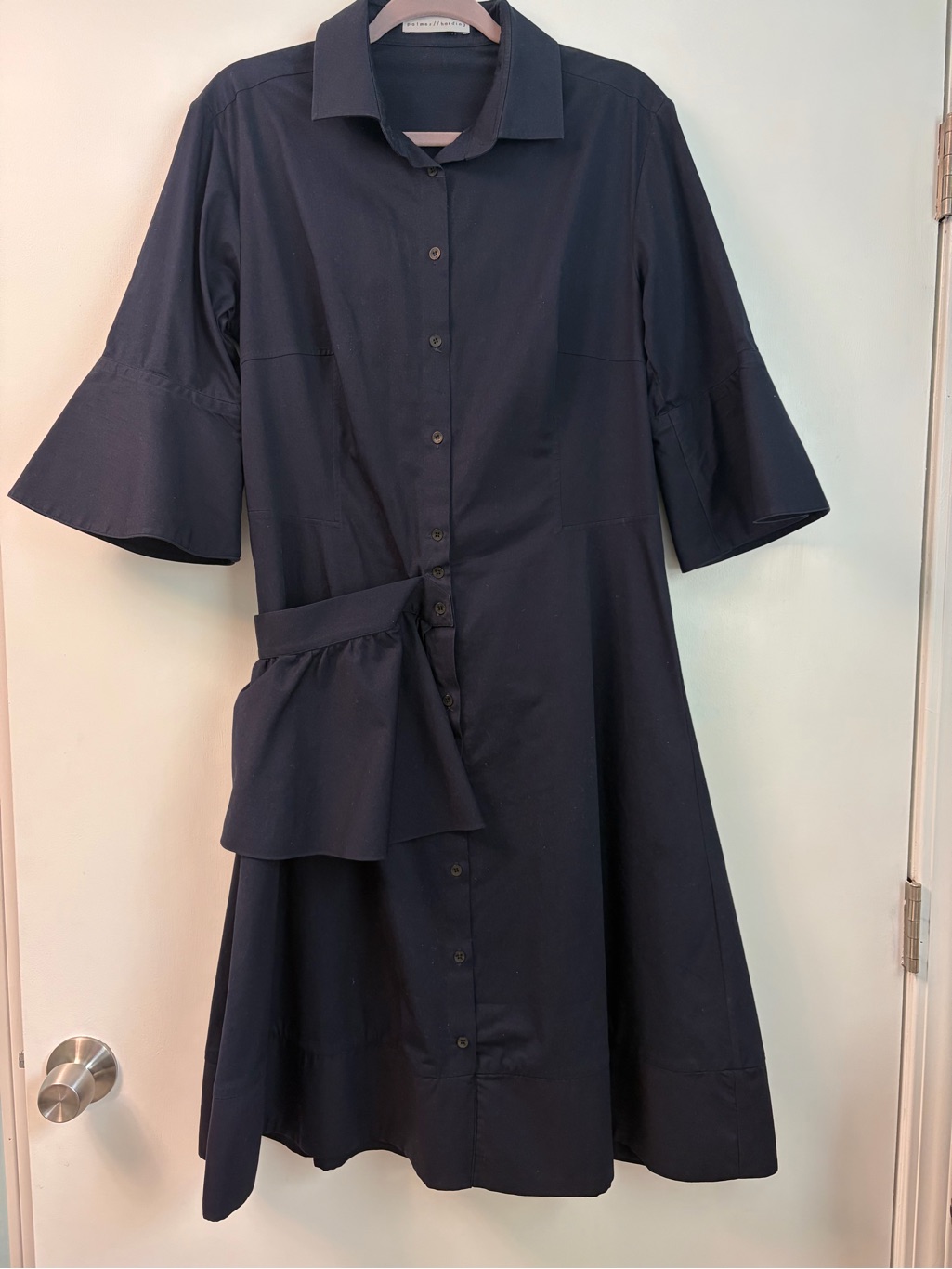 Palmer//Harding Women’s Navy Button-Front Shirt Dress With Bell Sleeves Euc — image 2 of 4